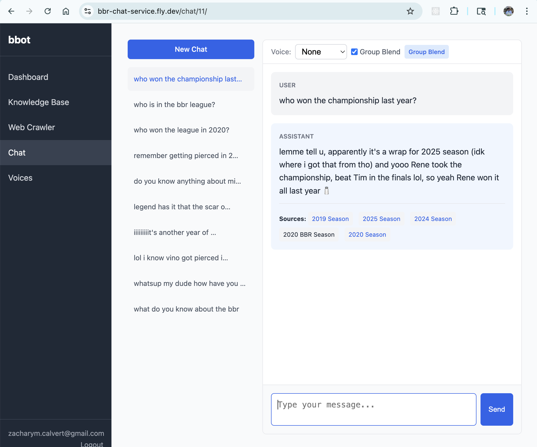 BBR Chat — RAG chatbot with group voice blending